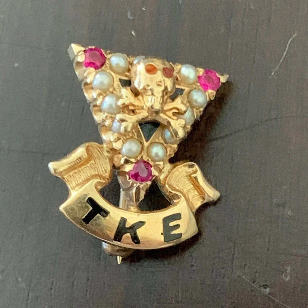 Vintage TKE 14kt Skull & Crossbones Sweetheart Pin with Ruby and Pearl Accents